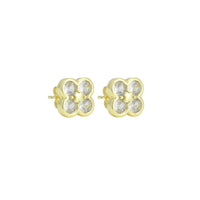 Clear CZ Gold Clover flower Stud Earrings, Sku#LK1136