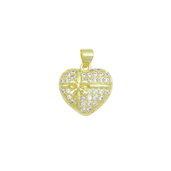 Clear CZ Gold Bow Ribbon Heart Charm Pendant, Sku#LK1139