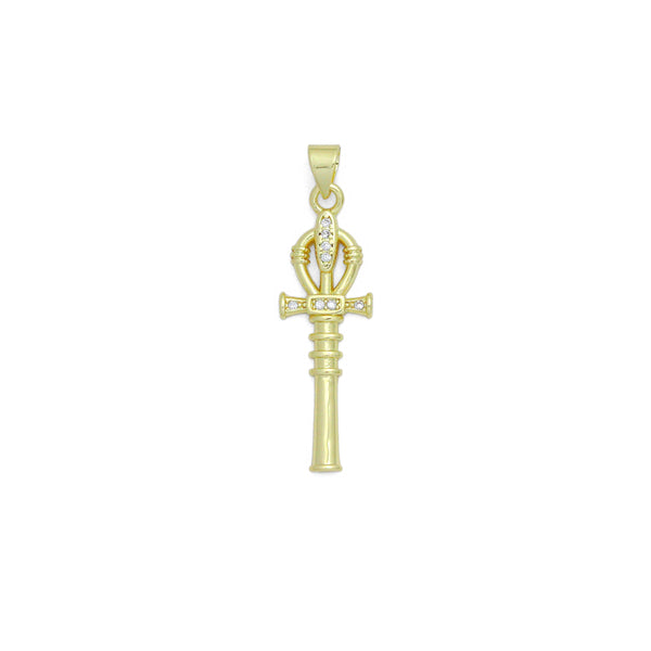 Clear CZ Gold Magic Stick Cross Key Charm Pendant, Sku#LK1164