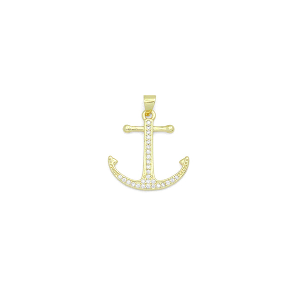 Clear CZ Gold Boat Anchor Charm Pendant, Sku#LK1166