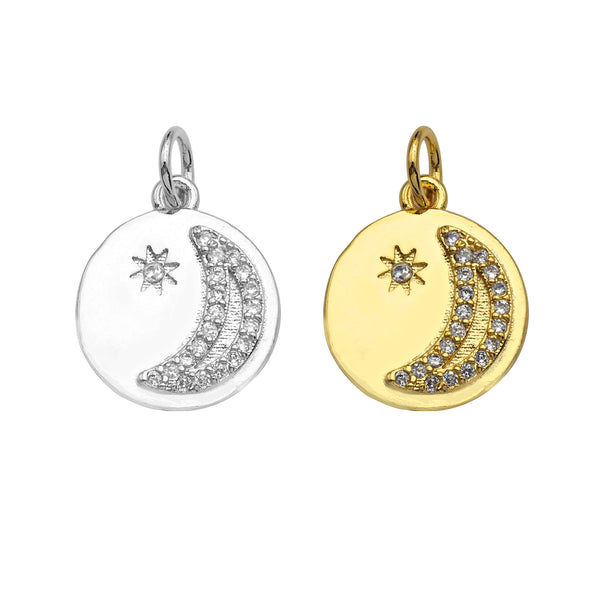 Dainty Shiny Gold Moon Star Round Coin Charms, Dainty Charms, Godl Coin Charm, Gold Pendant, 12x14mm, Sku#LK118