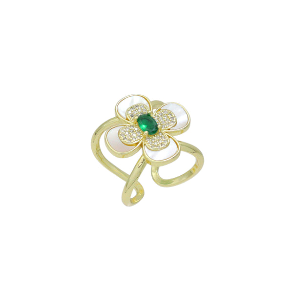 Mother of pearl green oval stone flower Statement Adjustable Ring, Sku#LK1264