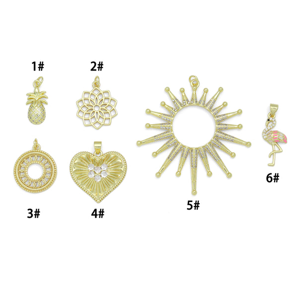 Pineapple Flower Filigree Circle Heart Sunburst Flamingo charm, Sku#LK1270