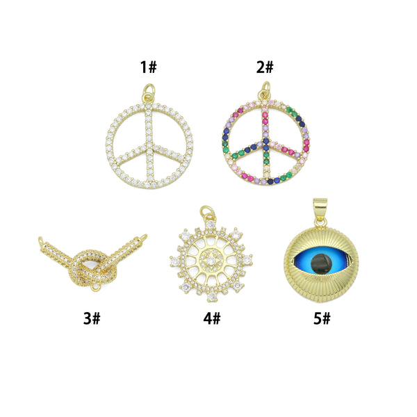Colorful CZ Peace Sign Evil Eye Knot Connector Diamond Wheel Pendant charm, Sku#LK1280