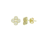 Clear CZ Gold Clover flower Stud Earrings, Sku#LK1302