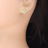 Clear CZ Gold Clover flower Stud Earrings, Sku#LK1302
