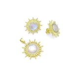 Clear CZ Gold Sunflower Moonstone Stud Earrings Pendant Charm, Sku#LK1303