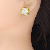 Clear CZ Gold Sunflower Moonstone Stud Earrings Pendant Charm, Sku#LK1303