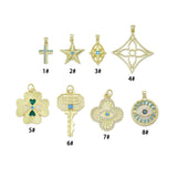GGold Turquoise Cross, Star, Clover, Key, and Evil Eye Charm Pendant,Sku#LK1316