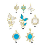 18K Gold Plated Inlaid Crystal and Shell Butterfly, Ivy Leaf, and Sunburst Medallion Charms, Sku#LK1327