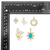 18K Gold Plated Inlaid Crystal and Shell Butterfly, Ivy Leaf, and Sunburst Medallion Charms, Sku#LK1327