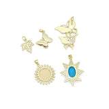18K Gold Plated Inlaid Crystal and Shell Butterfly, Ivy Leaf, and Sunburst Medallion Charms, Sku#LK1327