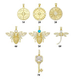 18K Gold Plated Nautical Compass Medallions and Micro Pave CZ Honeybee Pendant Charms, Sku#LK1329
