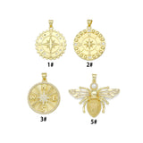 18K Gold Plated Nautical Compass Medallions and Micro Pave CZ Honeybee Pendant Charms, Sku#LK1329