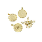 18K Gold Plated Nautical Compass Medallions and Micro Pave CZ Honeybee Pendant Charms, Sku#LK1329