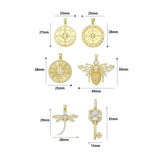 18K Gold Plated Nautical Compass Medallions and Micro Pave CZ Honeybee Pendant Charms, Sku#LK1329