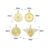 18K Gold Plated Nautical Compass Medallions and Micro Pave CZ Honeybee Pendant Charms, Sku#LK1329