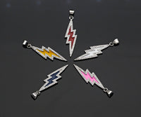 Enamel Colorful Lightning Shape Pendant Silver Finish, CZ Micro Pave Lightning Charm, Enamel pendant,Enamel Jewelry, 10x37mm, sku#LK138