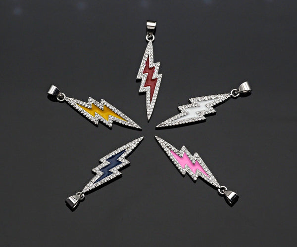 Enamel Colorful Lightning Shape Pendant Silver Finish, CZ Micro Pave Lightning Charm, Enamel pendant,Enamel Jewelry, 10x37mm, sku#LK138