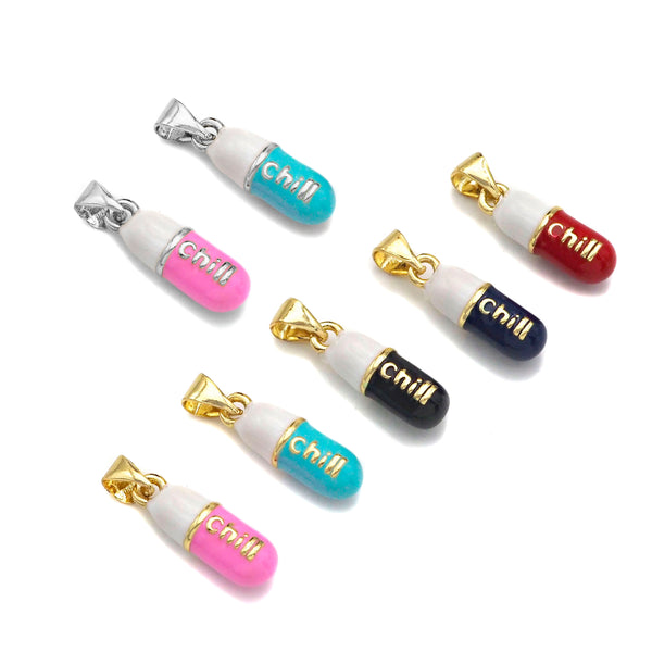 Colorful Enamel Pill Shape Pendant Charm, Gold/Silver Chill Word Pink Turquoise Black Cobalt Red Enamel Jewelry,6x17mm,Sku#LK280