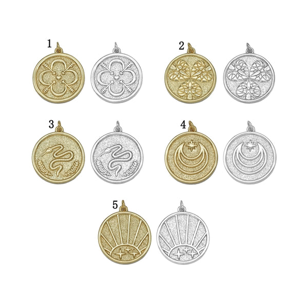 Silver Gold CZ Flower Snake Moon On Round Coin Charm, Sku#LK712