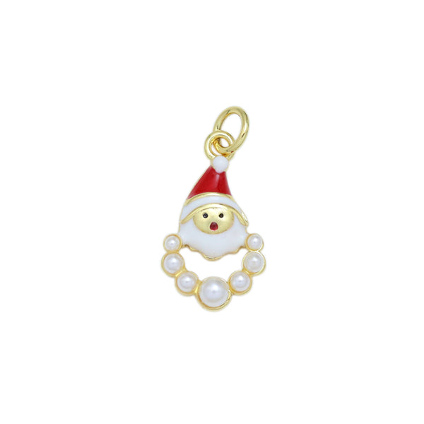 CZ Pave Enamel White Pearl Santa Claus Charm Pendant, Christmas Charm, Sku#LK952