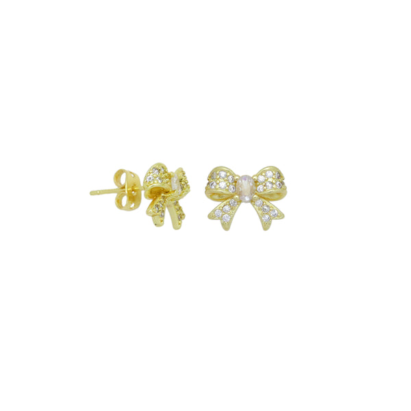 Clear CZ Gold Puffy Bowknot Stud Earring, Sku#LK964