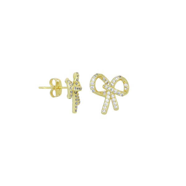 Clear CZ Gold Bow knot Stud Earrings, Sku#LK966