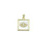 Gold Clear CZ Evil Eye On Square Mother of Pearl Charm Pendant, Sku#LK987