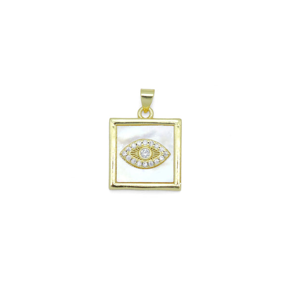 Gold Clear CZ Evil Eye On Square Mother of Pearl Charm Pendant, Sku#LK987