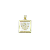 Gold Clear CZ Heart On Square Mother of Pearl Charm Pendant, Sku#LK990