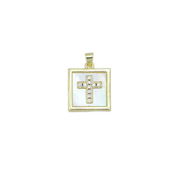 Gold Clear CZ Cross On Square Mother of Pearl Charm Pendant, Sku#LK994