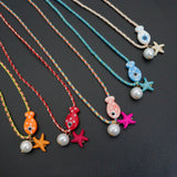 Coastal Lucky Fish Adjustable Necklace – Evil Eye Fish Charm, Starfish & Pearl Cord Necklace, sku#LX1041