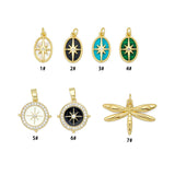 Gold Starburst Compass and Dragonfly Charms, Oval Gemstone Style Pendant Charms for Jewelry Making,Sku#LX1044