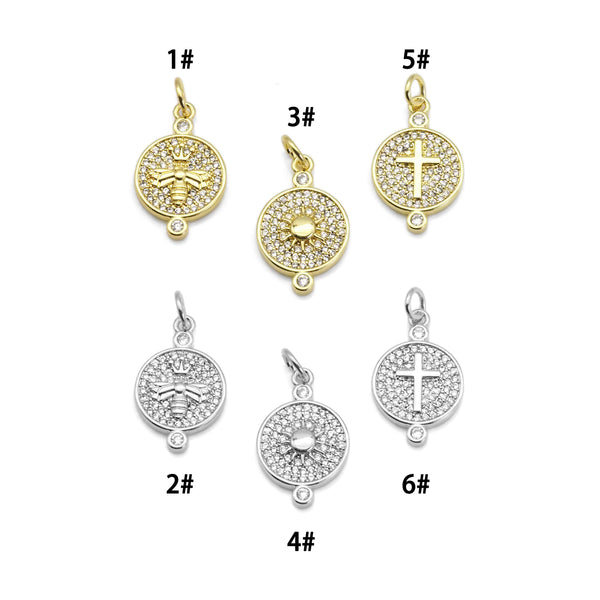 Clear CZ Gold Sun Cross Bee On Round Coin Charm, Sku#LX252
