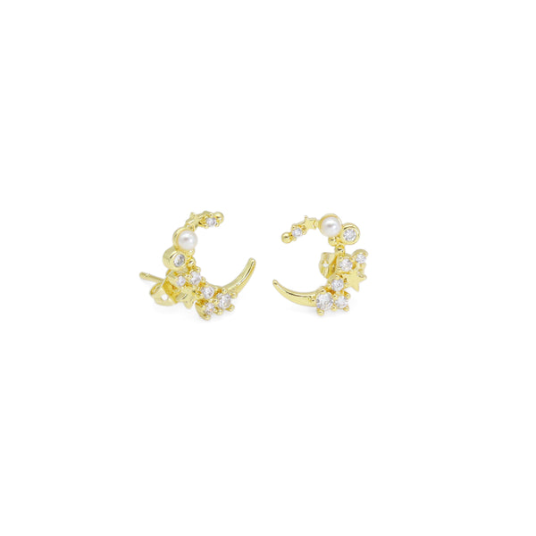 Clear CZ White Pearl Cresent Moon Star Stud Earrings, Sku#LX445