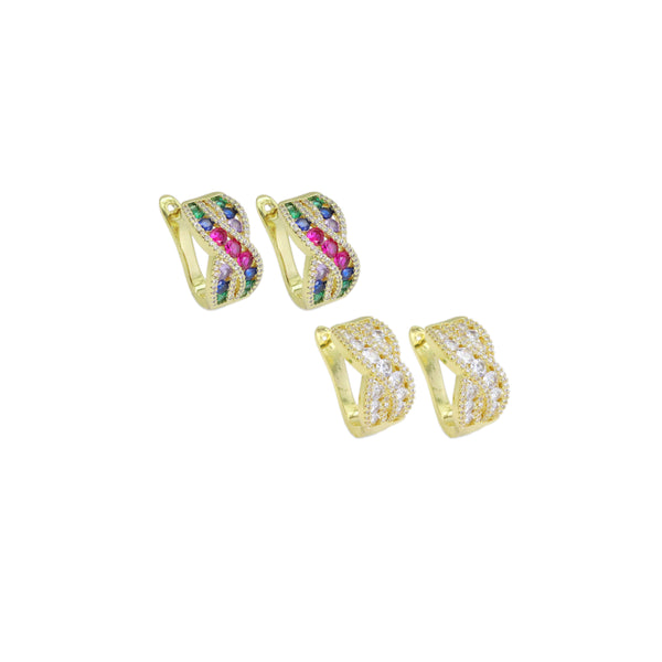 Colorful CZ Gold Twisted Cross Hoop Earrings, Sku#LX464