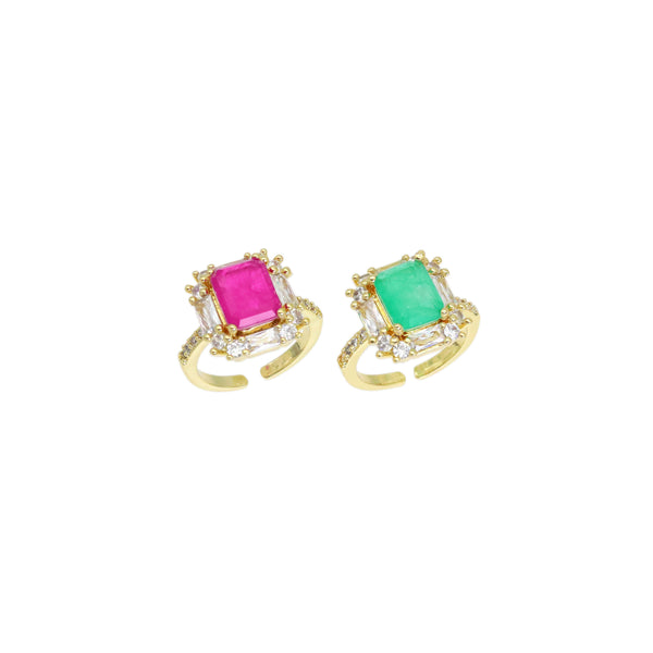 Green Hot Pink Rectangle Stone CZ Around Gold Adjustable Ring, Sku#LX491