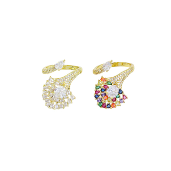 Clear Colorful Peacock Drop CZ Gold Adjustable Ring, Sku#LX493