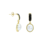 Black CZ Oval White Pearl Pendant Earrings, Sku#LX699