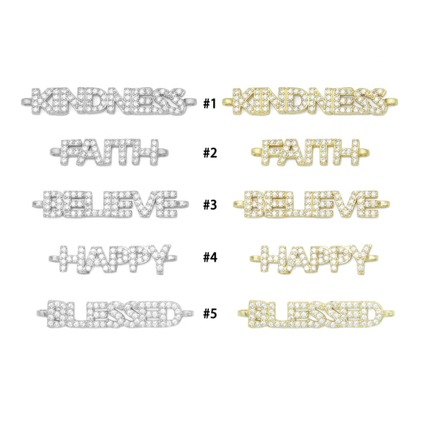 CZ Silver Kindness Believe Blessed Faith Happy Connector Charm Beads, Sku#LX711