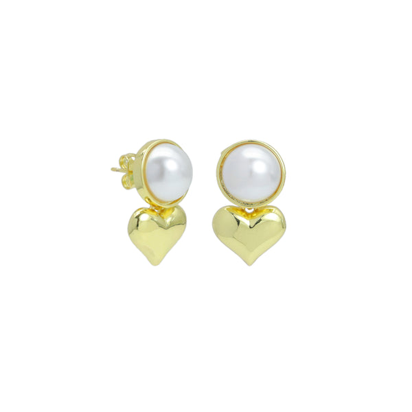 Gold Heart White Pearl  Earrings, Sku#LX721