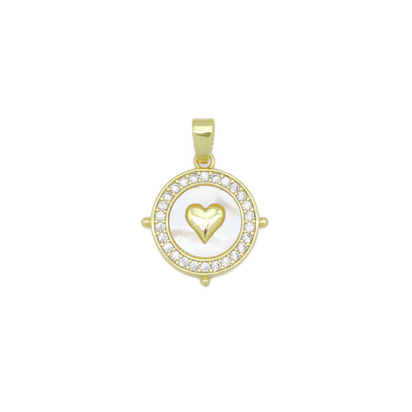 Clear CZ Around Gold Heart On Round Coin Charm Pendant, Sku#LX758