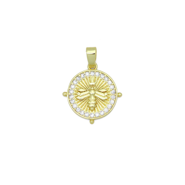 Clear CZ Around Gold Insect Bee On Round Coin Charm Pendant, Sku#LX764