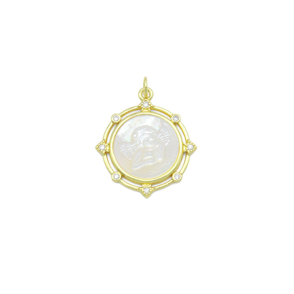 Clear CZ Angel On Round White Pearl Gold Charm Pendant, Sku#LX806