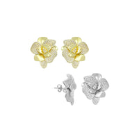 Clear CZ Gold Silver 3D Flower Stud Earrings, Sku#LX831