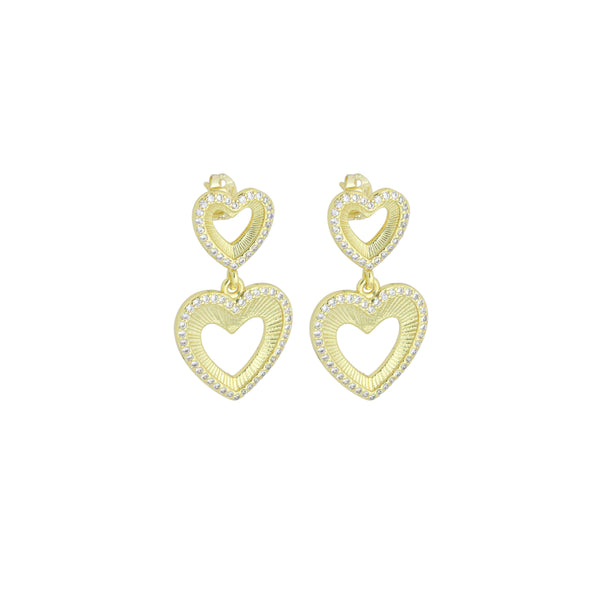 Clear CZ Gold Double open Hearts Stud Earrings, Sku#LX833