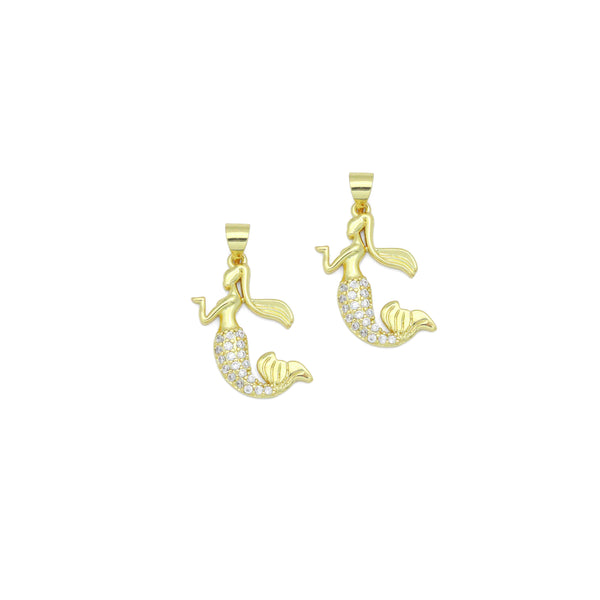 Clear CZ Gold Mermaid Charm Pendant,Sku#LX845