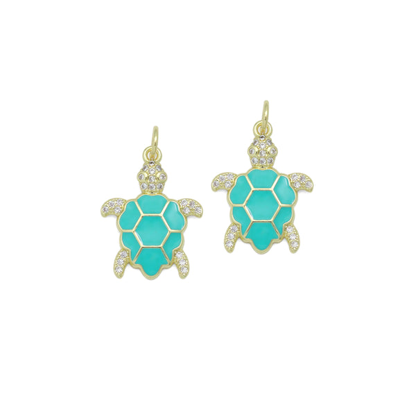 Gold Clear CZ Turquoise Enamel Turtle Tortoise Pendant charm, Sku#LX921