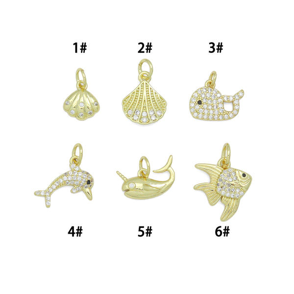 Clear CZ Gold Shell Fish Dolphin whale Pendant charm, Sku#LX925
